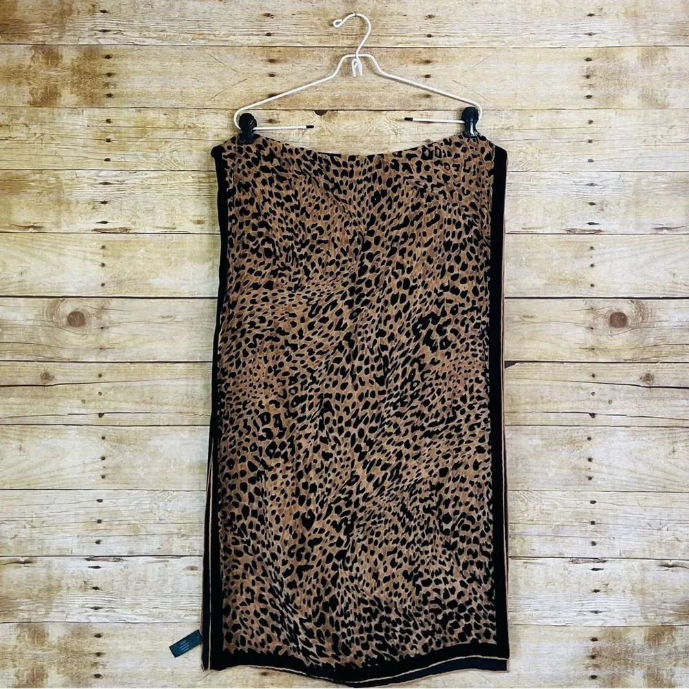 Avenue Leopard Print Scarf Silk Rayon Blend Black Tan Animal Print Wrap‎ Scarf